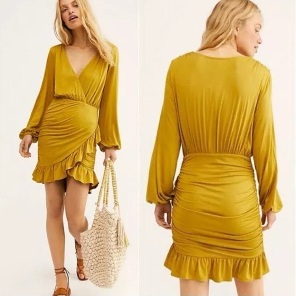 Free People Dress Womens Small FP Beach Miami Ruched Ruffle Party Long Sleeve